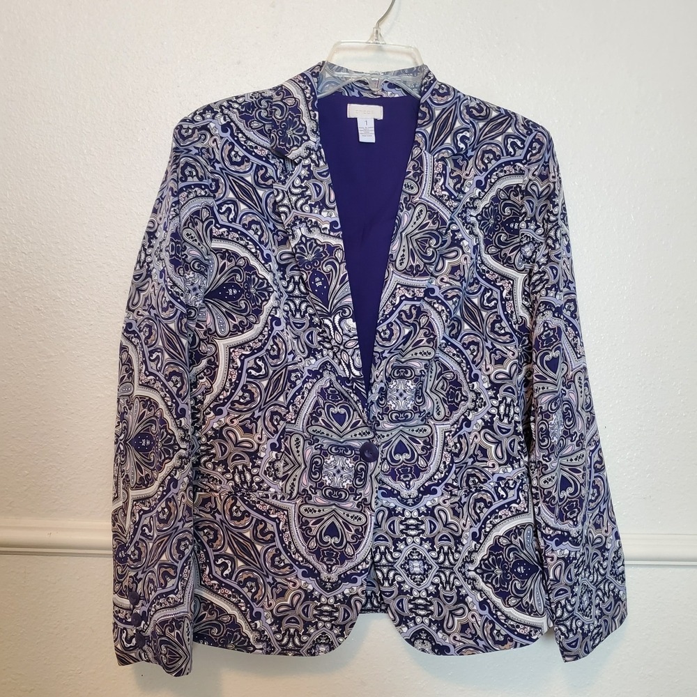 Chico's Women's Size 1 (US M 8/10) Paisley Print Blazer Jacket Lined Purple Blue